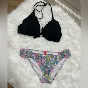 Victoria's Secret Black and Colorful Bikini Set with Halter Neck
